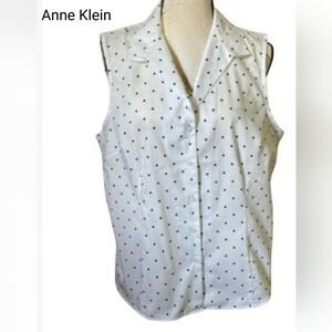 Anne Klein Sleeveless White Polka Dot Cotton Button Down Shirt Women’s
